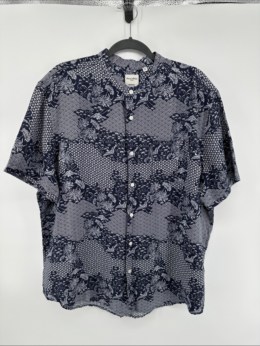 Baird McNutt Linen Japandi Coastal Boho S/S Navy Printed Casual Shirt SzXL